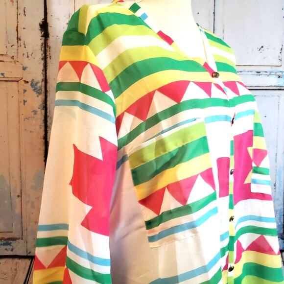 Kaktus Sheer Southwest Tunic Top Size L Bright Colors Contemporary New Retro - Picture 2 of 12